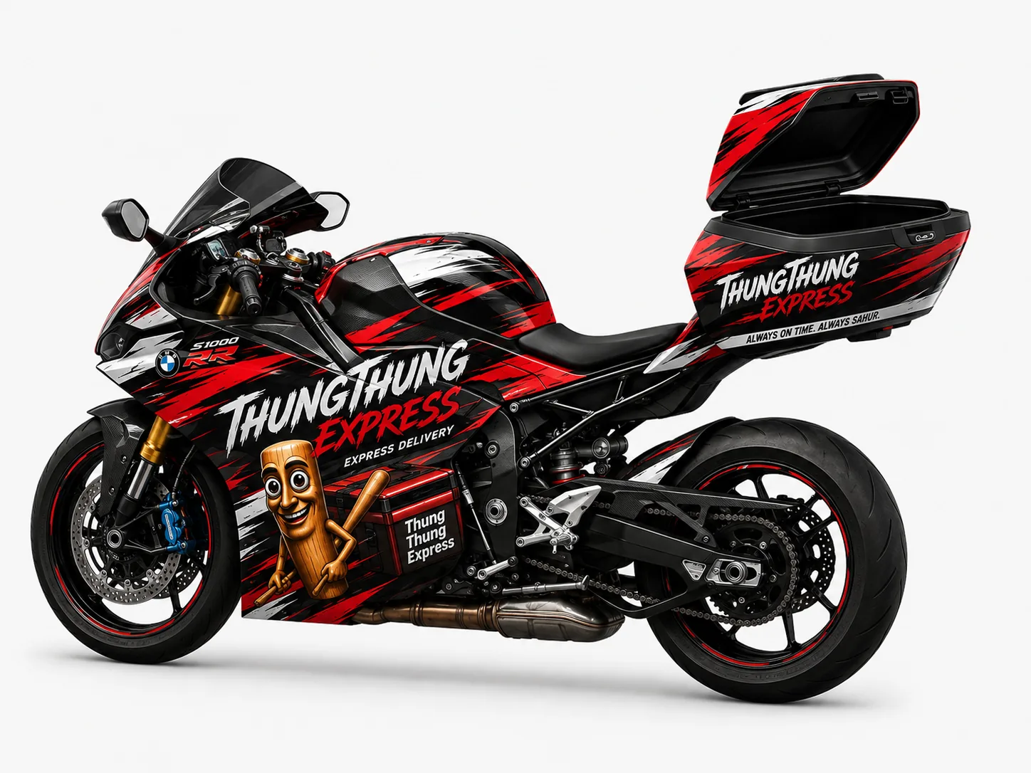 BMW S1000RR mit geöffnetem Laderaum, seitlich